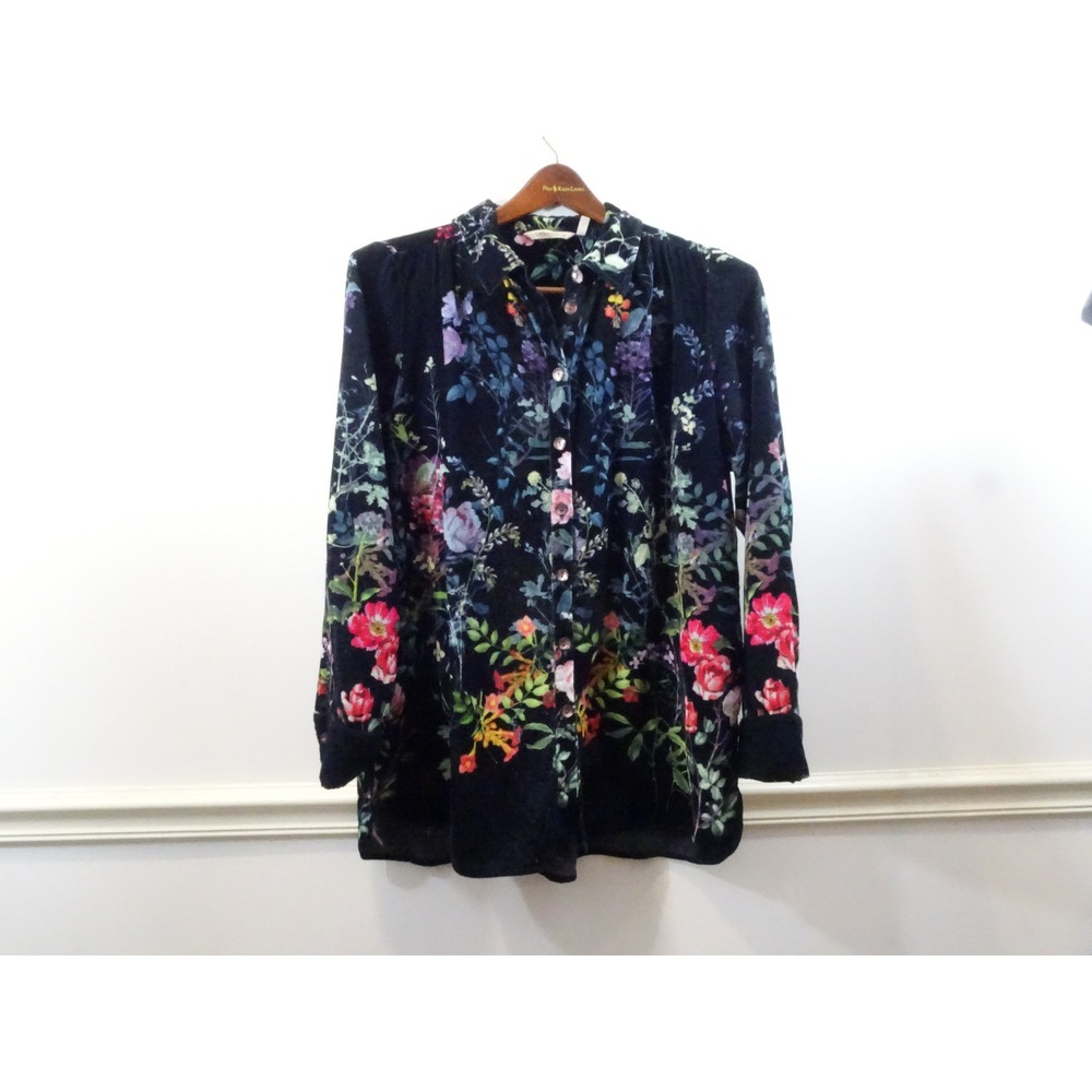 Soft Surroundings Floral Velvet Button Down Tunic Top Black XL Long Sleeve